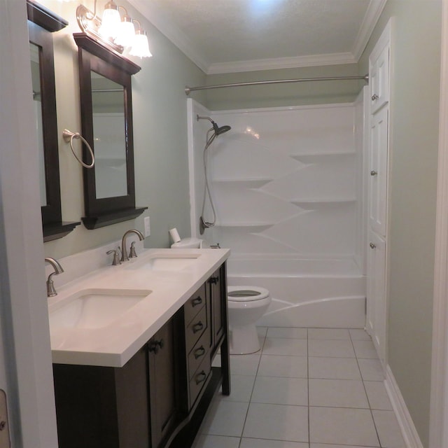 full bathroom with ornamental molding, double vanity, a sink, and tile patterned floors