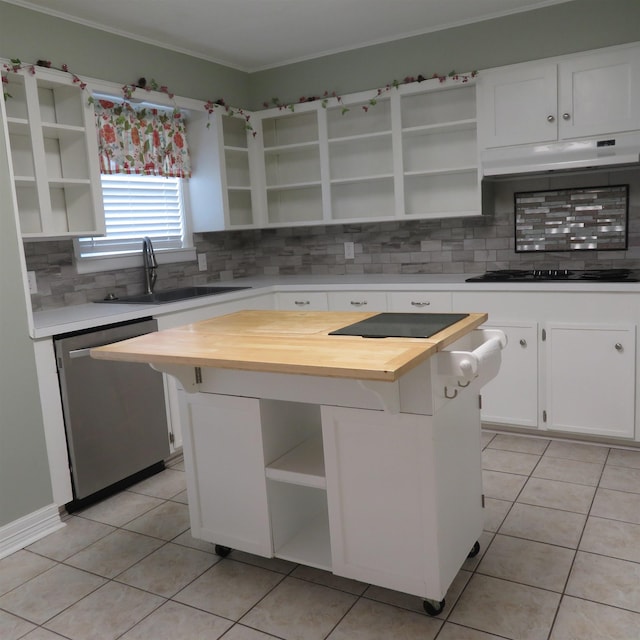 kitchen with open shelves, stainless steel dishwasher, and a center island