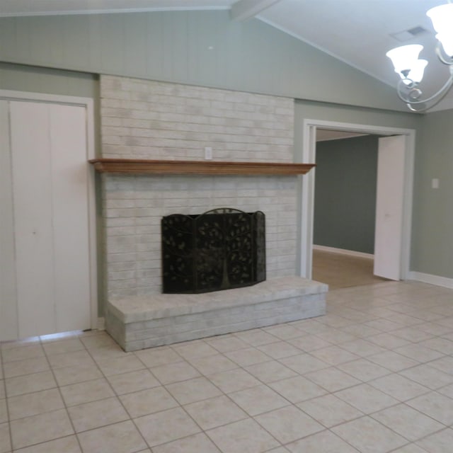 unfurnished living room featuring lofted ceiling with beams, a brick fireplace, baseboards, and light tile patterned flooring