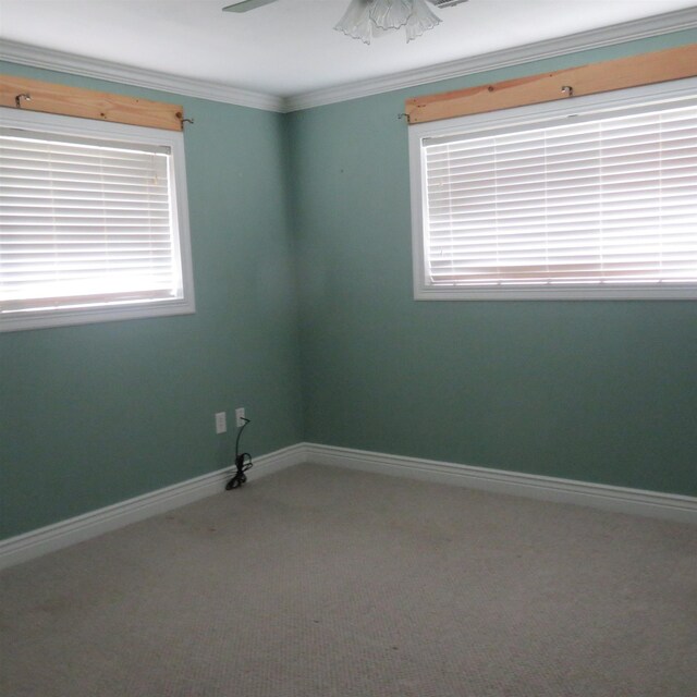 carpeted spare room with ornamental molding and baseboards