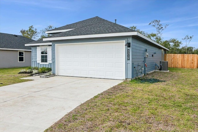 view of property exterior with central AC and a lawn