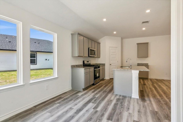 kitchen featuring gray cabinetry, a kitchen island with sink, sink, and appliances with stainless steel finishes