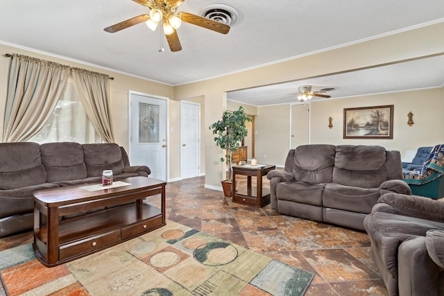 171 Ridgewood St, Bridge City, TX 77611 - living room featuring a ceiling fan, ornamental molding, stone finish floors, and baseboards