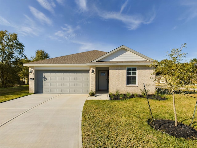 single story home featuring a front lawn and a garage