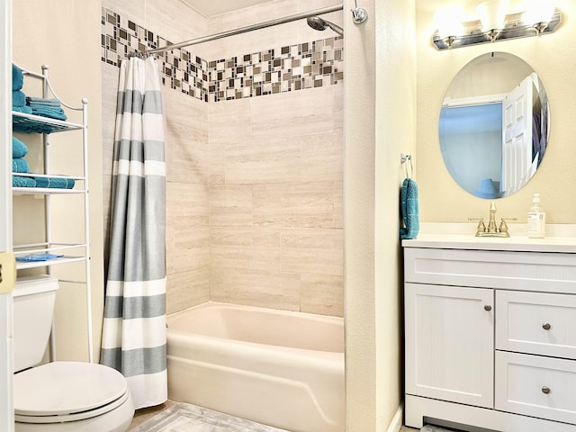 full bathroom with vanity, shower / bathtub combination with curtain, and toilet