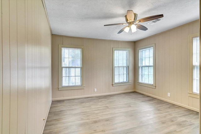 unfurnished room featuring light hardwood / wood-style floors, ceiling fan, and wood walls