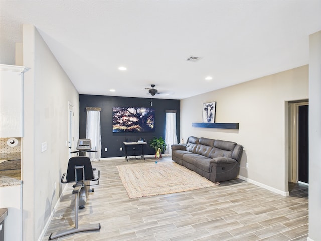 7090 Carroll Ln, Beaumont, TX 77713 - living room featuring a ceiling fan, light wood-style floors, and recessed lighting