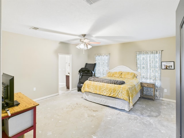 7090 Carroll Ln, Beaumont, TX 77713 - bedroom featuring unfinished concrete floors, multiple windows, ceiling fan, and ensuite bathroom