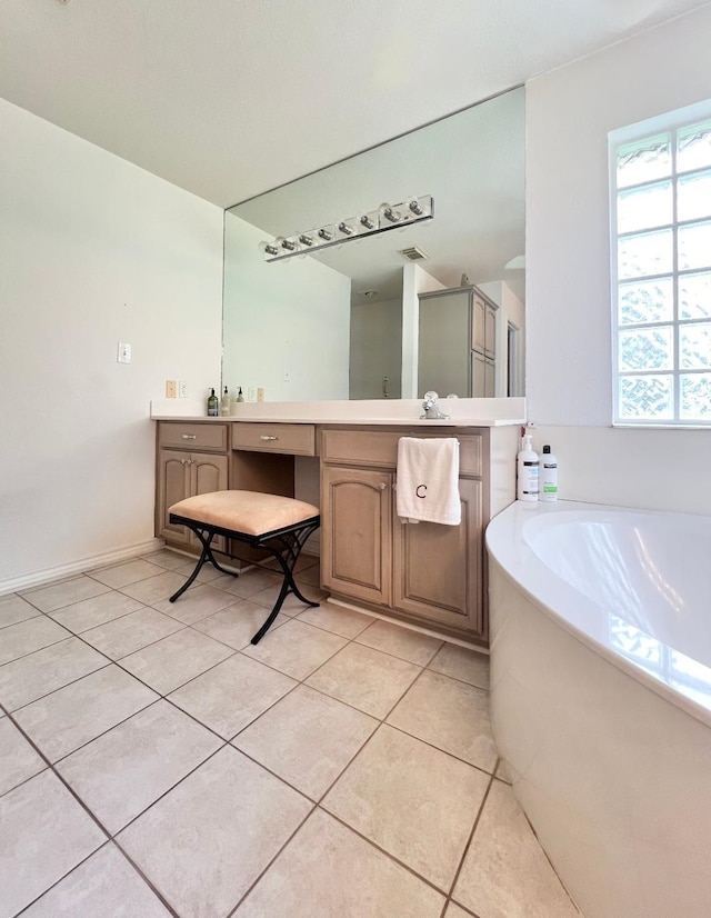 full bath with tile patterned flooring, visible vents, a bath, and vanity