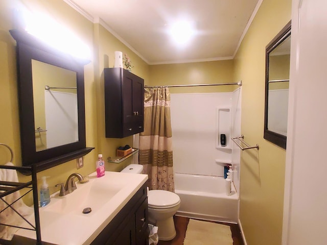 full bath with shower / bath combination with curtain, vanity, ornamental molding, and toilet