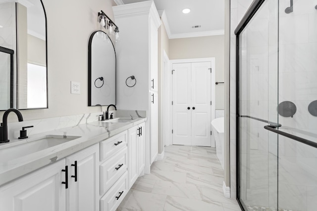 bathroom with vanity, ornamental molding, and shower with separate bathtub