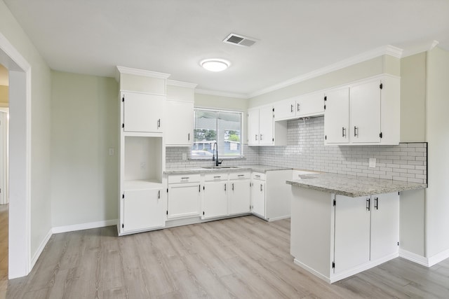 kitchen featuring sink, white cabinets, tasteful backsplash, and kitchen peninsula