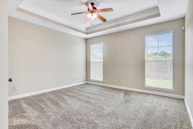 empty room with a tray ceiling, ceiling fan, carpet, and a healthy amount of sunlight