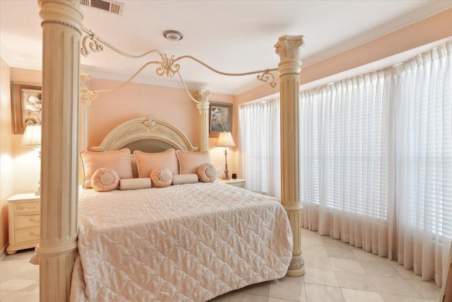 tiled bedroom featuring ornamental molding