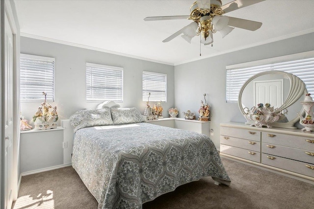 carpeted bedroom with ceiling fan and crown molding