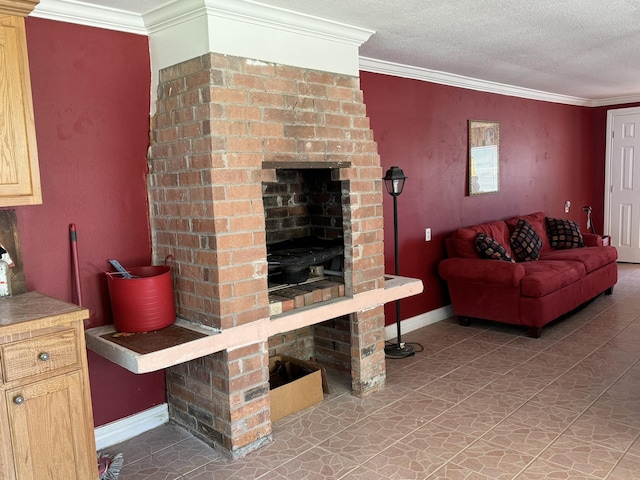 living room featuring a textured ceiling and crown molding