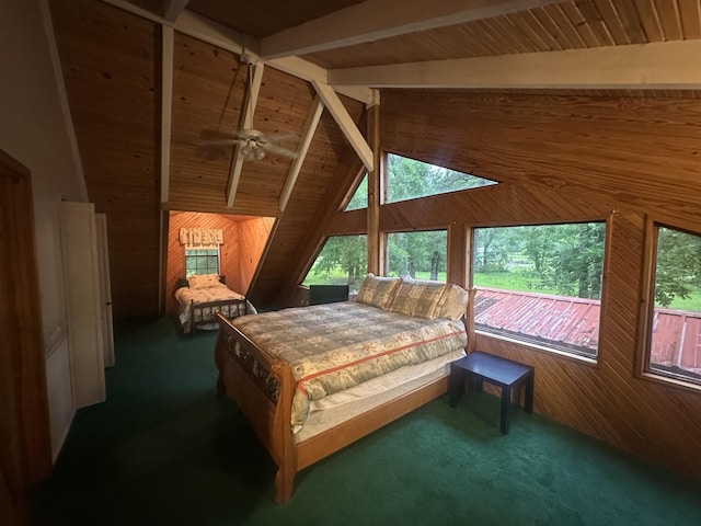 carpeted bedroom featuring wood walls and vaulted ceiling with beams