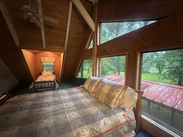 bedroom with high vaulted ceiling, beamed ceiling, access to exterior, and wooden walls