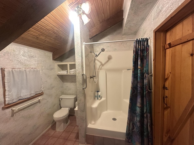 bathroom with wooden ceiling, toilet, tile patterned flooring, and a stall shower