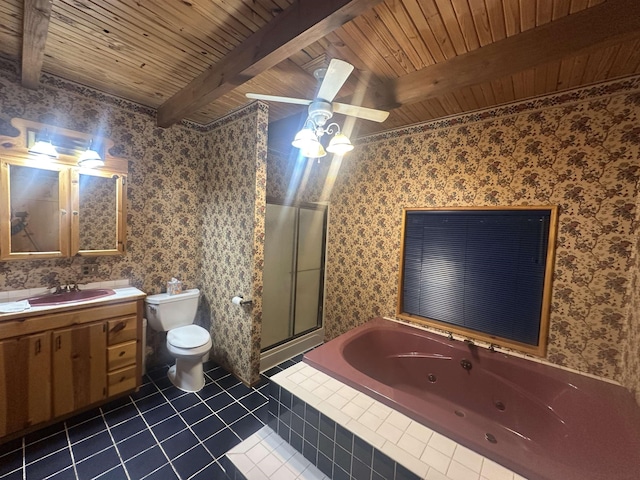 full bath with wallpapered walls, tile patterned flooring, a whirlpool tub, toilet, and beam ceiling