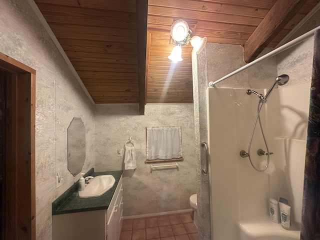bathroom featuring wood ceiling, walk in shower, and tile patterned flooring
