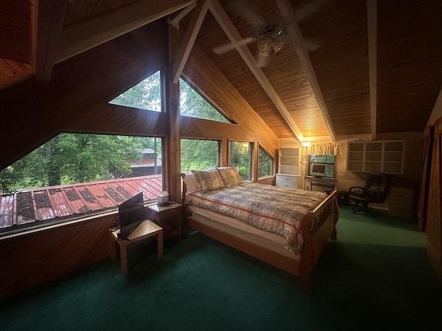 bedroom with carpet flooring, vaulted ceiling with beams, and wooden ceiling