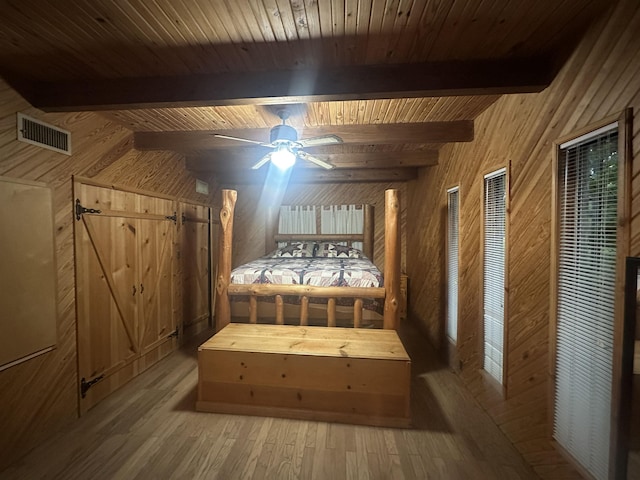unfurnished bedroom featuring wood finished floors, wood ceiling, wood walls, beam ceiling, and visible vents