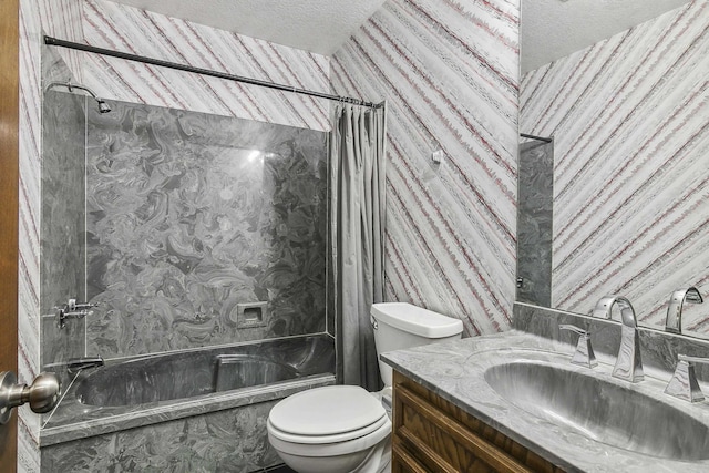 full bathroom featuring vanity, a textured ceiling, toilet, and shower / bathtub combination with curtain