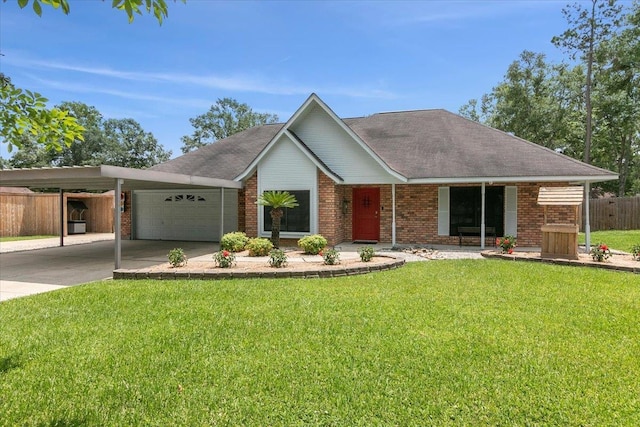 single story home featuring a carport, a front yard, and a garage