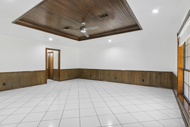 unfurnished room featuring ceiling fan, ornamental molding, and wood ceiling