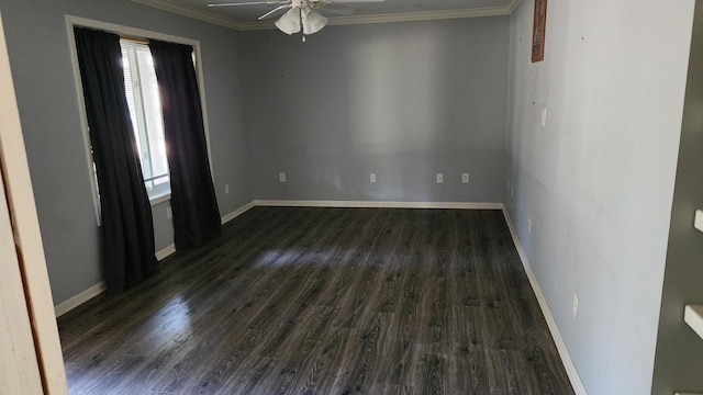 unfurnished room featuring ceiling fan, crown molding, and dark hardwood / wood-style floors