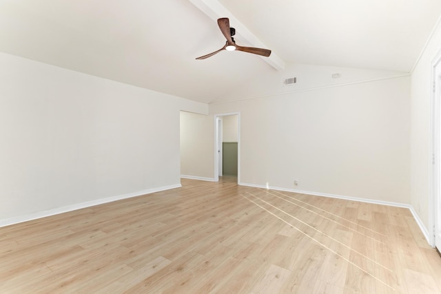 unfurnished room featuring vaulted ceiling with beams, ceiling fan, and light wood-type flooring