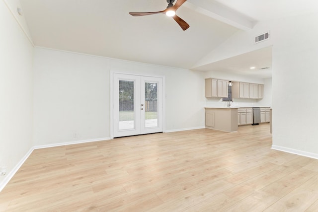 unfurnished living room with french doors, vaulted ceiling with beams, light hardwood / wood-style floors, and ceiling fan