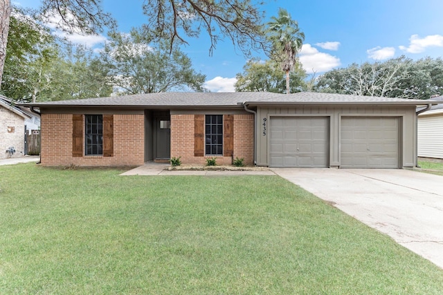 ranch-style home with a garage and a front lawn