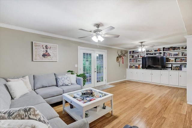 3821 Suncrest Dr, Groves, TX 77619 - living area with ceiling fan, french doors, ornamental molding, and light wood finished floors