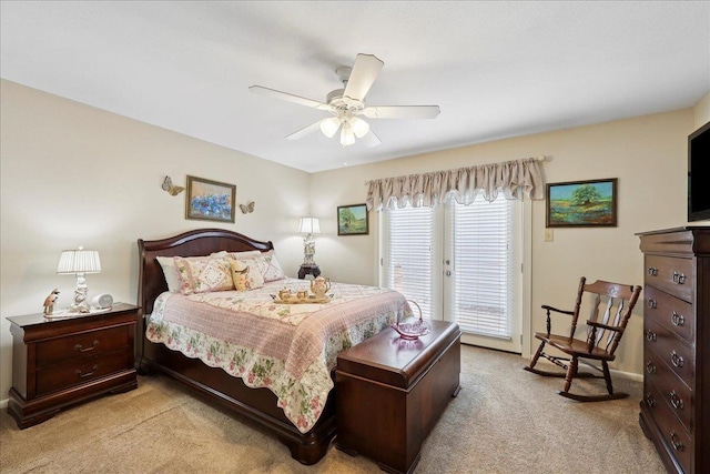 1006 Park Meadow Dr, Beaumont, TX 77706 - bedroom featuring access to exterior, light colored carpet, and ceiling fan