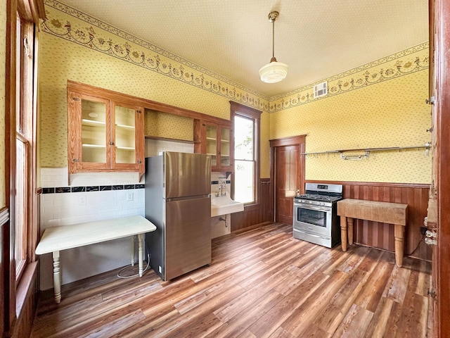 kitchen featuring appliances with stainless steel finishes, sink, pendant lighting, and hardwood / wood-style floors