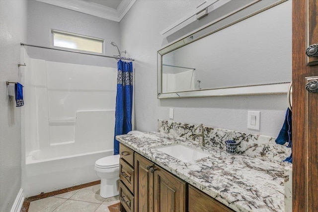 full bathroom featuring shower / bath combination with curtain, tile patterned floors, vanity, crown molding, and toilet