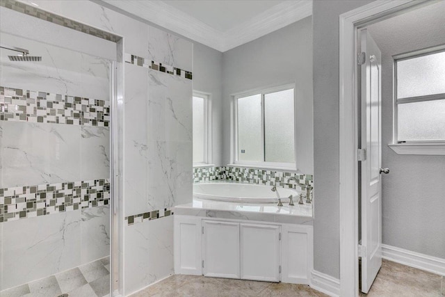 bathroom with crown molding and tiled shower