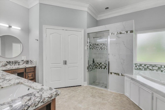 bathroom featuring shower with separate bathtub, vanity, and ornamental molding