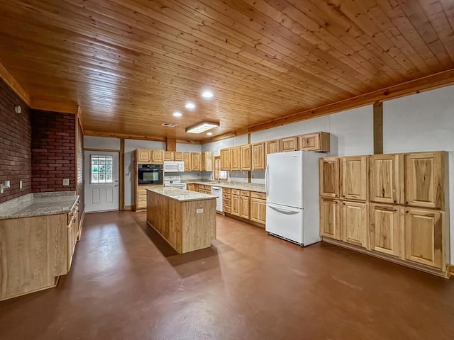 kitchen with a kitchen island, white appliances, wood ceiling, and concrete flooring