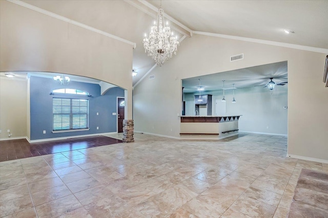 entryway with ceiling fan with notable chandelier, beam ceiling, ornamental molding, and high vaulted ceiling