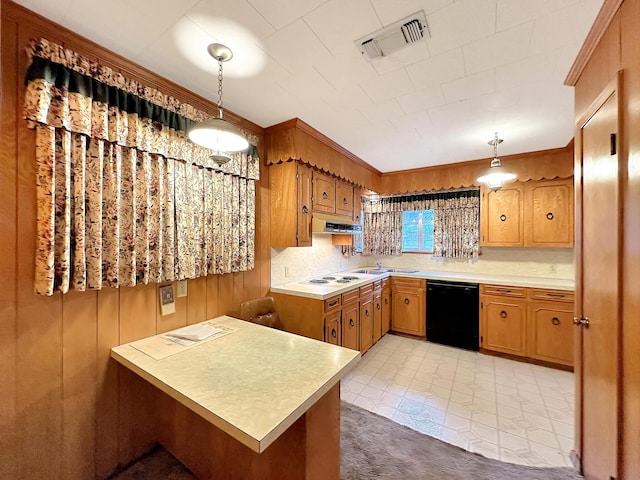 kitchen with kitchen peninsula, backsplash, pendant lighting, black dishwasher, and white electric stovetop