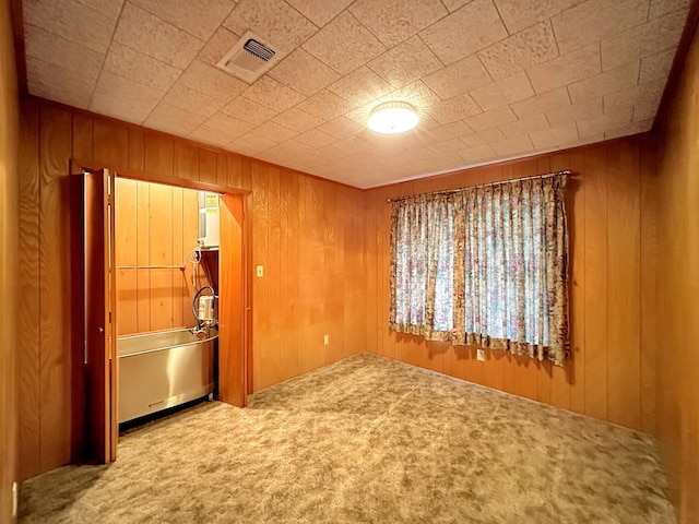 spare room featuring carpet flooring and wooden walls