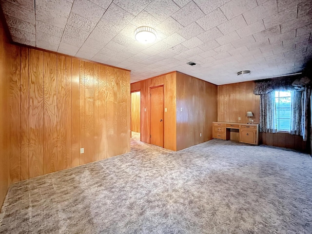 carpeted spare room with wooden walls