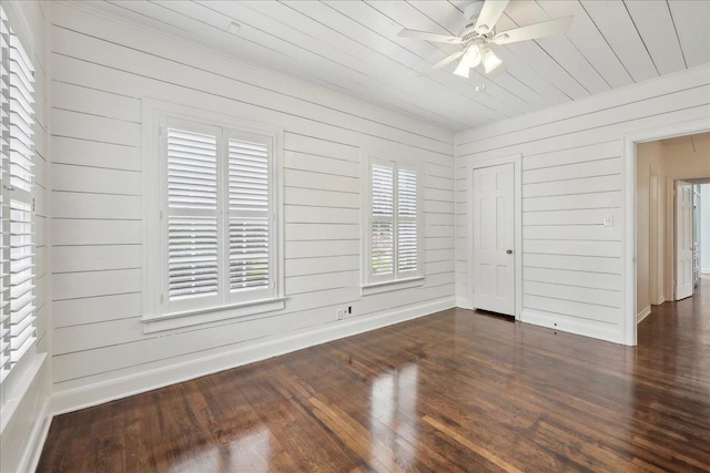 spare room featuring baseboards, a ceiling fan, dark wood-style floors, wood ceiling, and wood walls