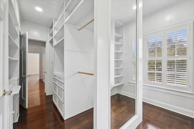 spacious closet with dark wood-style floors