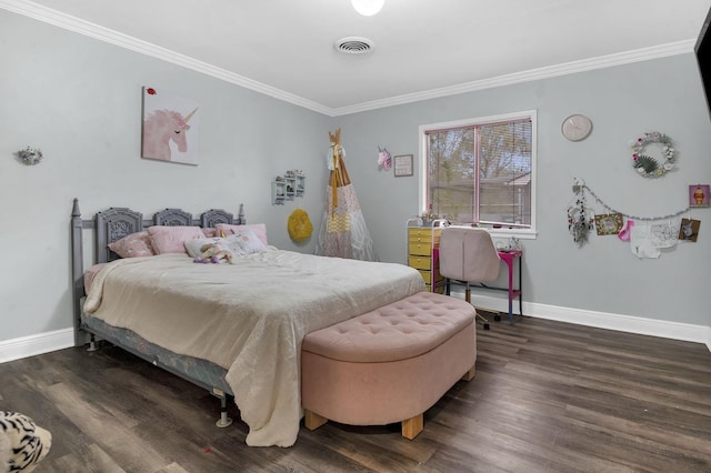 bedroom with ornamental molding and dark hardwood / wood-style flooring