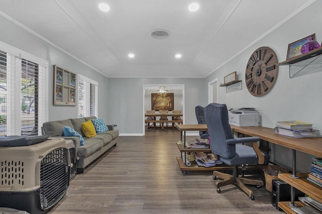 office area with hardwood / wood-style flooring and ornamental molding