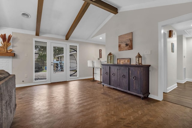 living room featuring dark parquet flooring and lofted ceiling with beams